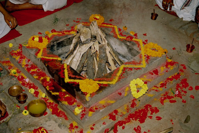 The yagya fire is beautifully decorated and ready to be lit.
